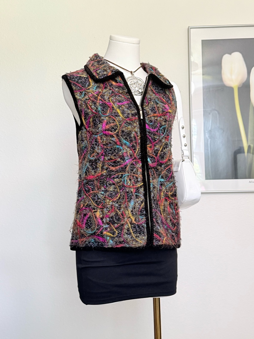 Vintage Fuzzy Multicolored Knit Zip Up Vest 90s Eclectic Retro
